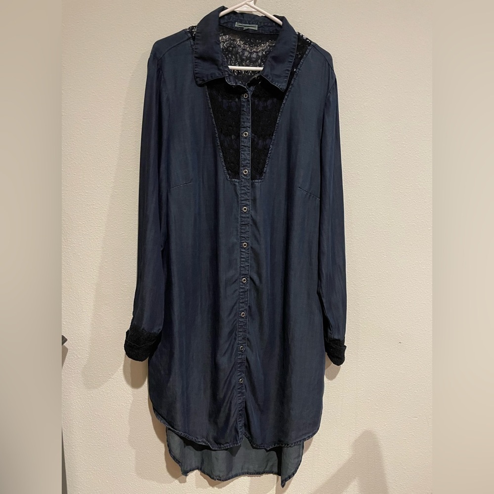 Standard Practice dark blue chambray high low shirt dress. Black lace de…